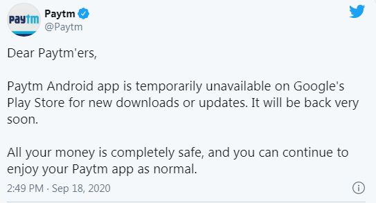 Google removed Paytm app from Play Store
